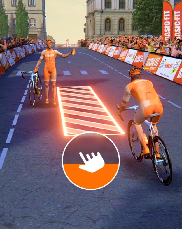 A swipe-to-move prompt at a floodlit city finish line, a rider crossing the line behind it