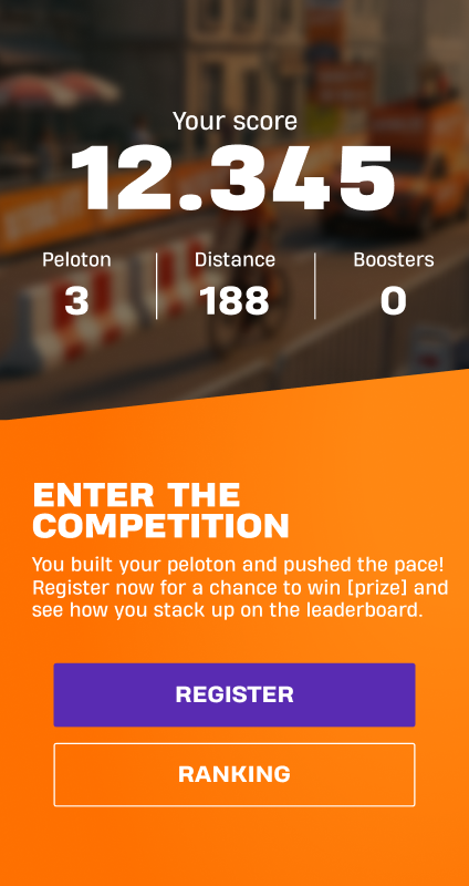 End-of-run screen showing the score, peloton size, distance and boosters, with a prompt to register for the leaderboard
