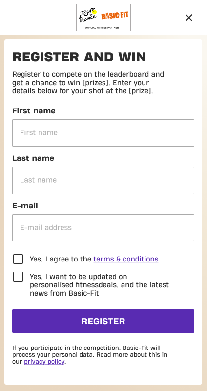The register-and-win form: name and e-mail fields with consent options to enter the competition