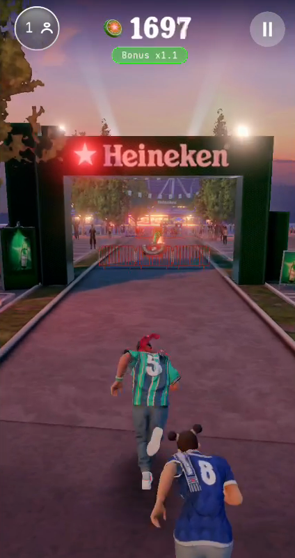 The stadium approach: the runner passing a Heineken arch with stadium light beams ahead