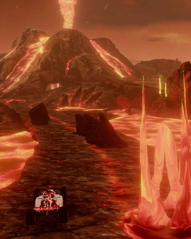The Godzilla-liveried Haas F1 car racing toward an erupting volcano