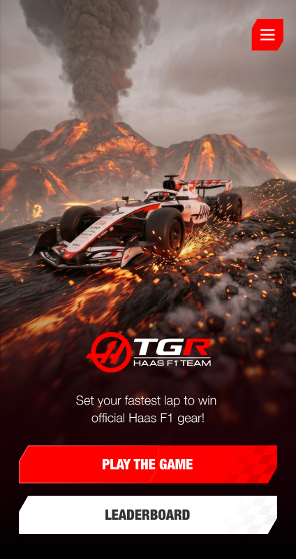 The game home screen: set your fastest lap to win official Haas F1 gear, with play and leaderboard buttons