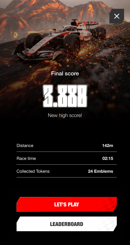 End-of-run screen with a new high score, distance, race time and collected emblem tokens