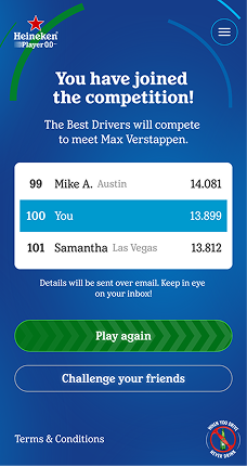 Competition-joined screen showing the player ranked on the leaderboard