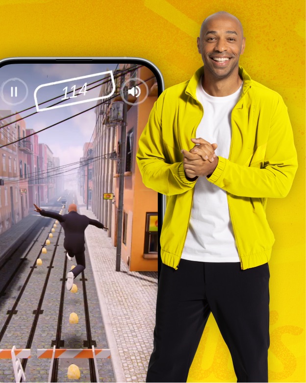 Thierry Henry beside a phone running the Lisbon-themed world