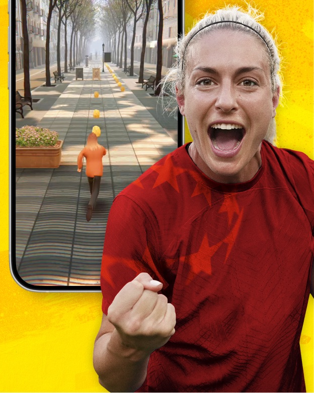 Alexia Putellas beside a phone running the Barcelona-themed world