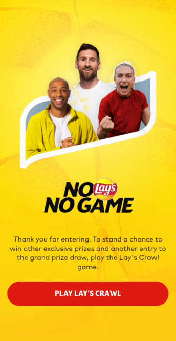 No Lay’s, No Game screen thanking the player for entering, with the three ambassadors and a button to play Lay’s Crawl