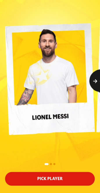 Player-select screen showing Lionel Messi ready to pick