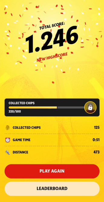 End-of-run screen with a new high score and the collected-chips total