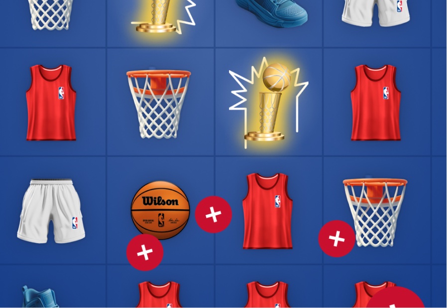 Close-up of the NBA Blast match-3 board: jerseys, hoops, sneakers and Wilson balls lined up next to a glowing trophy boost