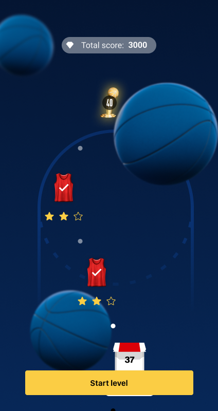 The NBA Blast level map, tracking stars earned per level with the next level ready to start