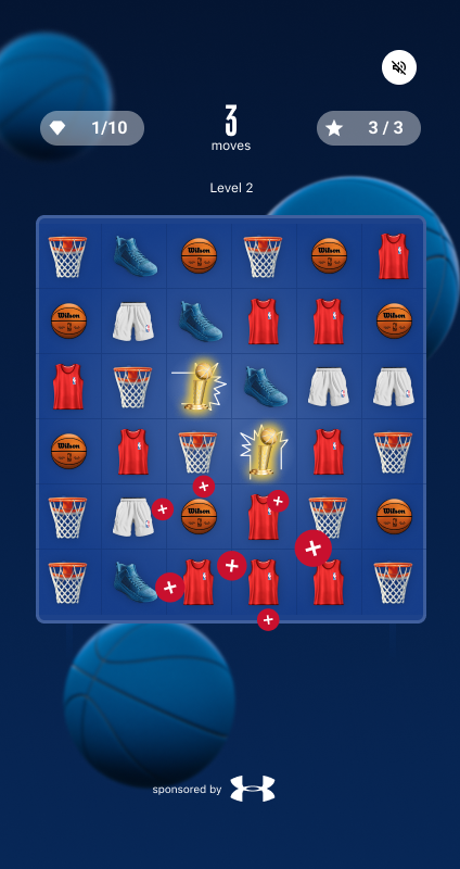 A Level 2 board mid-game: three moves left, boosts glowing, sponsored by Under Armour