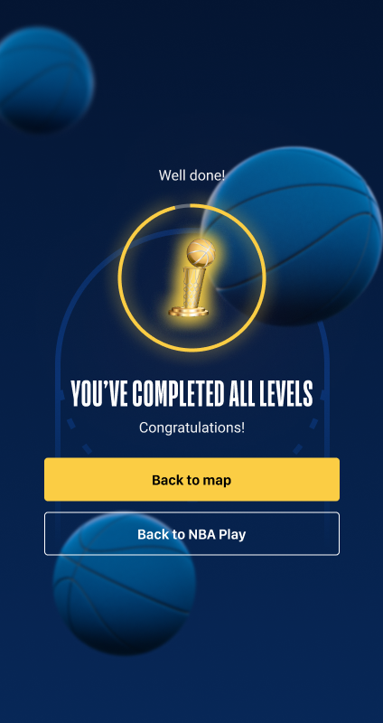 The completion screen after finishing all levels, with a route back to NBA Play
