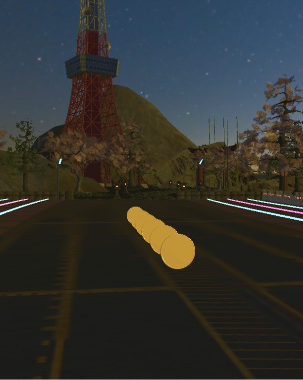 Collecting coins through the neon Neo City course at night