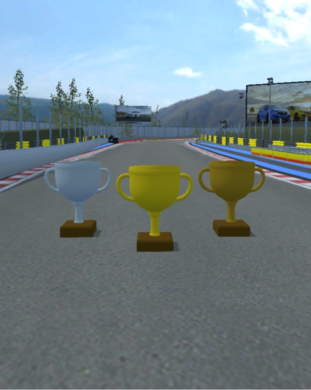The contest trophies lined up on an EvoTrack circuit