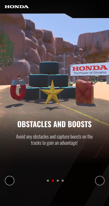EvoTrack onboarding screen explaining obstacles and boosts