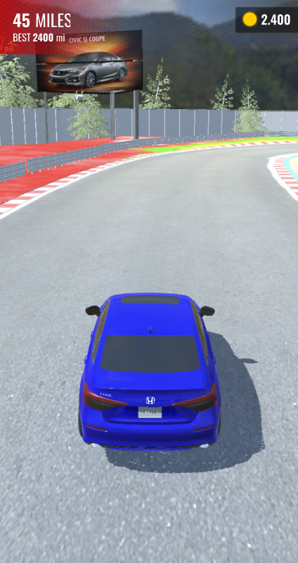 In-game screen racing a blue Honda Civic with distance on the HUD